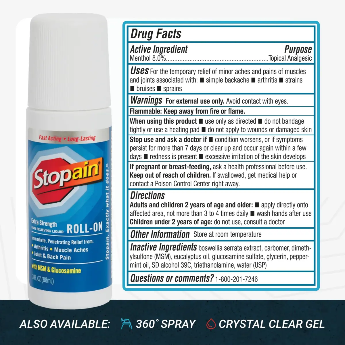 Stopain Pain Relief Roll-On Gel 88.7 ml (3 Fl Oz) | Menthol 8% Topical Analgesic for Arthritis & Muscle Pain - view 7