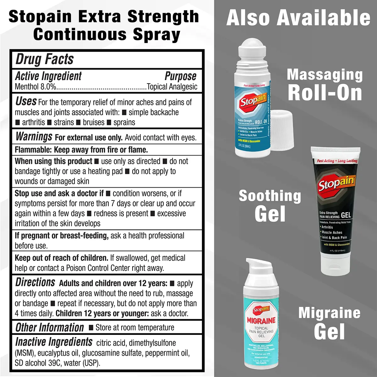 Stopain Pain Relief Spray 4oz | Fast-Acting Max Strength Topical Analgesic for Arthritis & Muscle Pain - view 6