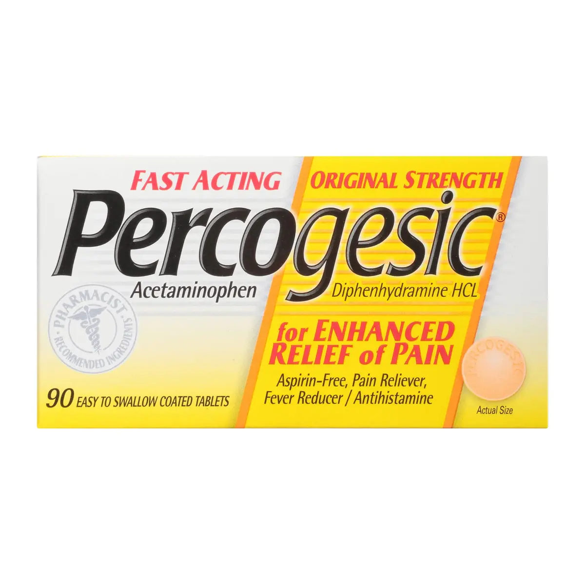 Percogesic Acetaminophen & Diphenhydramine Caplets 90 | Aspirin-Free Fast Relief - main product image