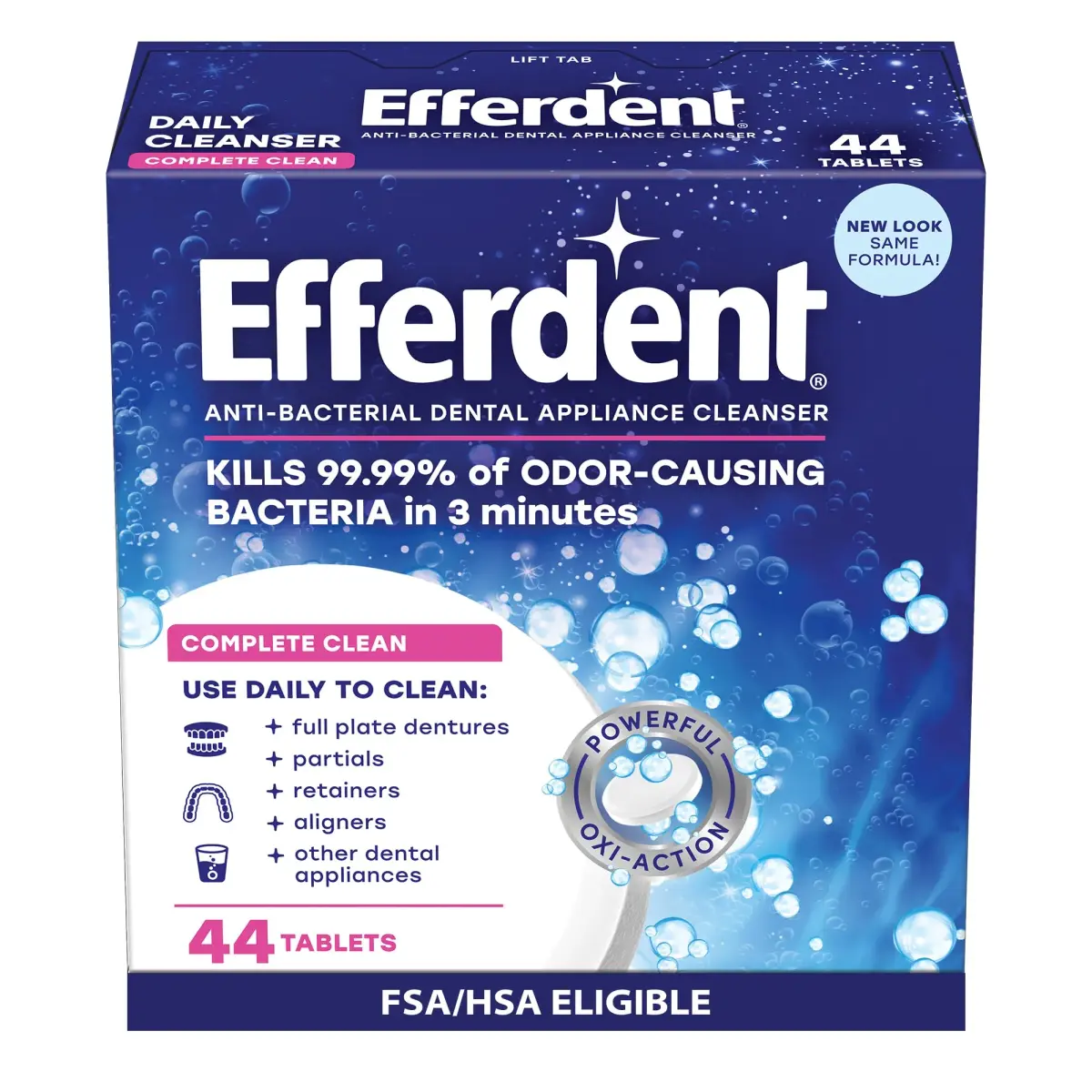 Efferdent Denture Cleaner Tablets Complete Clean 44 Count | Kills 99.99% Bacteria in 3 Minutes - main product image