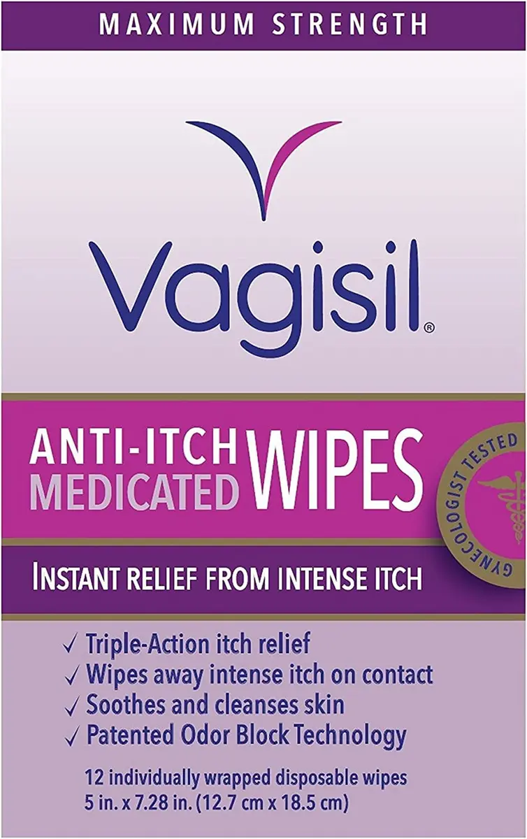 Vagisil Anti-Itch Medicated Feminine Wipes, Max Strength, 12 Wipes (1 Pack) | Fast Relief for Intense Vaginal Itching - main product image
