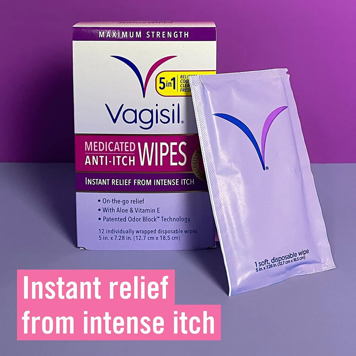 Vagisil Anti-Itch Medicated Feminine Wipes, Max Strength, 12 Wipes (1 Pack) | Fast Relief for Intense Vaginal Itching - view 2