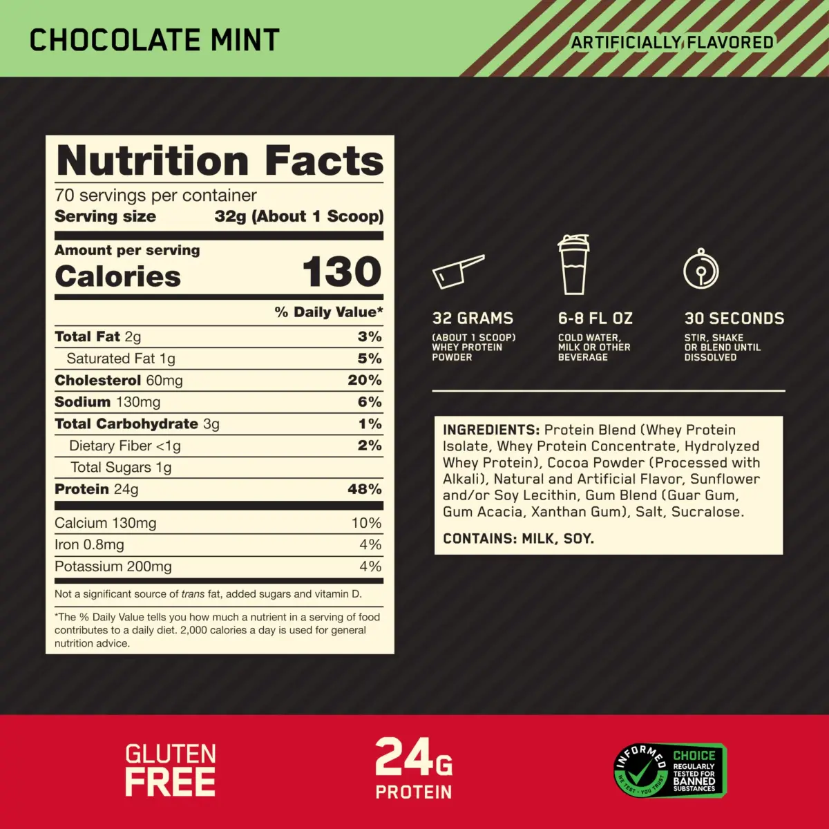 Optimum Nutrition Gold Standard 100% Whey Protein Powder Chocolate Mint 2.27 kg (5 lb) | 24g Protein Per Serving - view 3