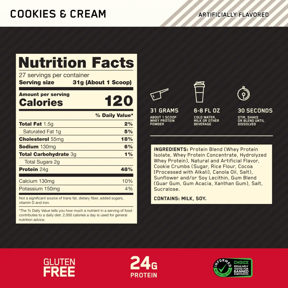 Optimum Nutrition Gold Standard 100% Whey Protein Cookies & Cream 907g (2 lb) | High Protein Powder for Muscle Recovery - view 3