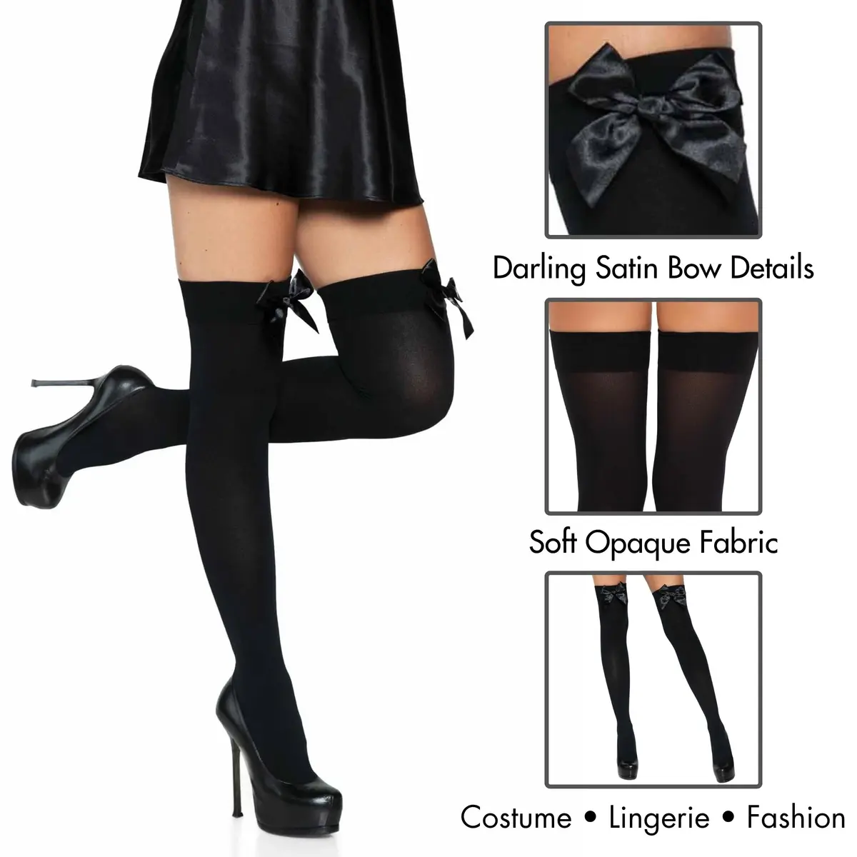 Leg Avenue Women's Opaque Thigh High with Satin Bow, Black | Sexy, Stretchable Hosiery for Women - view 4