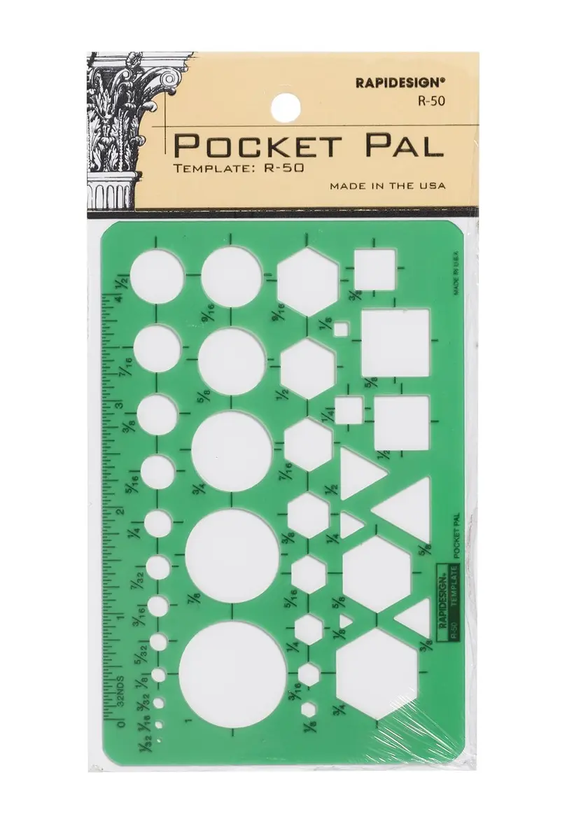 Rapidesign Pocket Pal Template, 1 Each (R50) | Shirt Pocket Size Drafting Template with Circles, Hexagons, Squares & Triangles - main product image