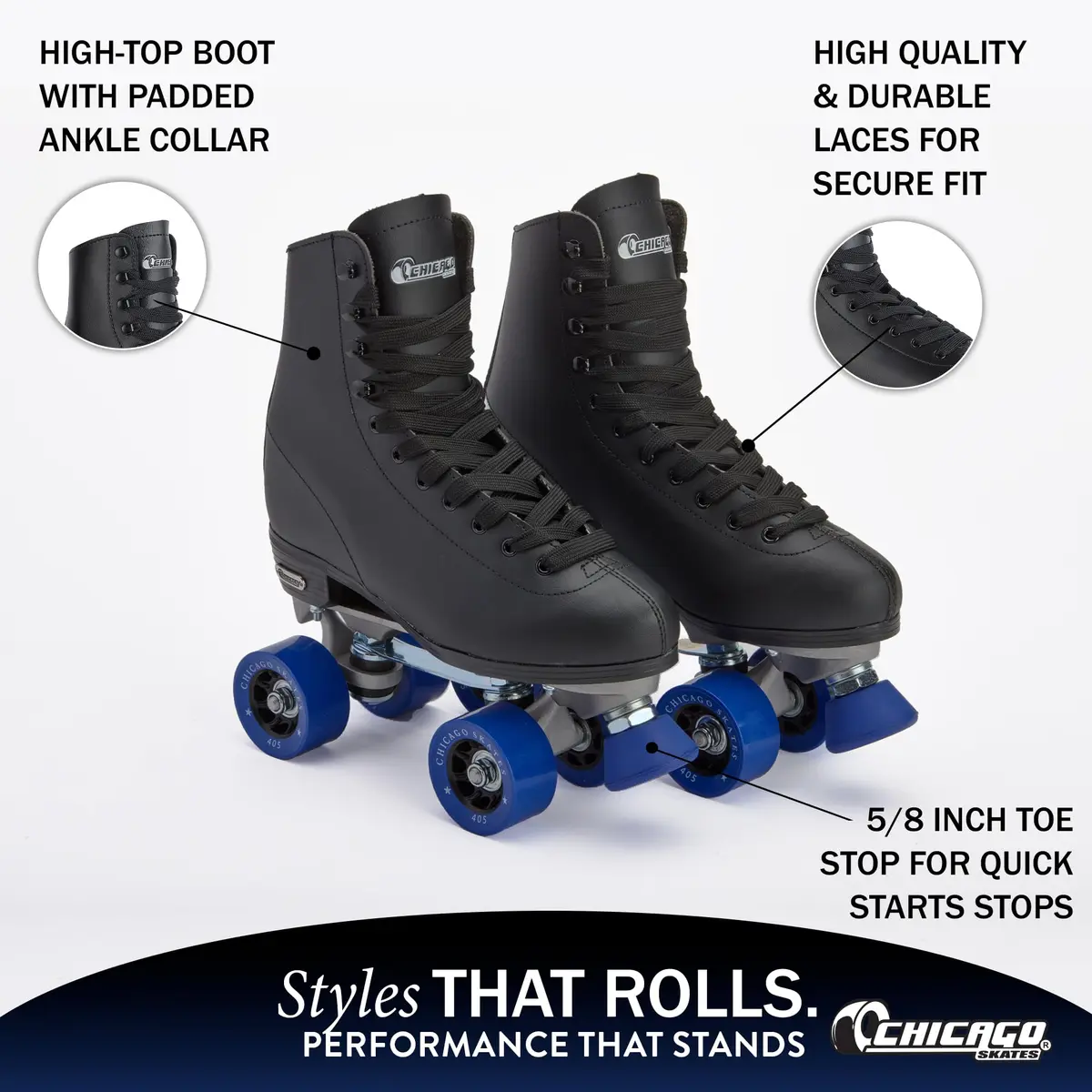 Chicago Skates Black Quad Roller Skates for Men & Women | Classic Adjustable High-Top Design for Indoor & Outdoor Use - view 4