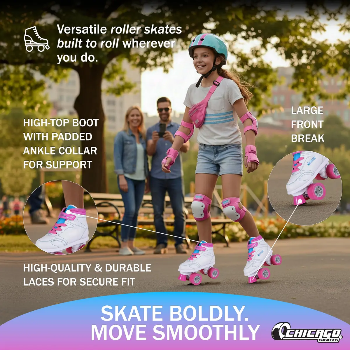 Chicago Skates Sidewalk Roller Skates – Durable, Top Performance Indoor/Outdoor Use Skate Shoes for Girls & Boys, High-Top Boot Safety Youth Quad Skates, 60mm PU Wheels, Adjustable Chassis & Trucks - view 4