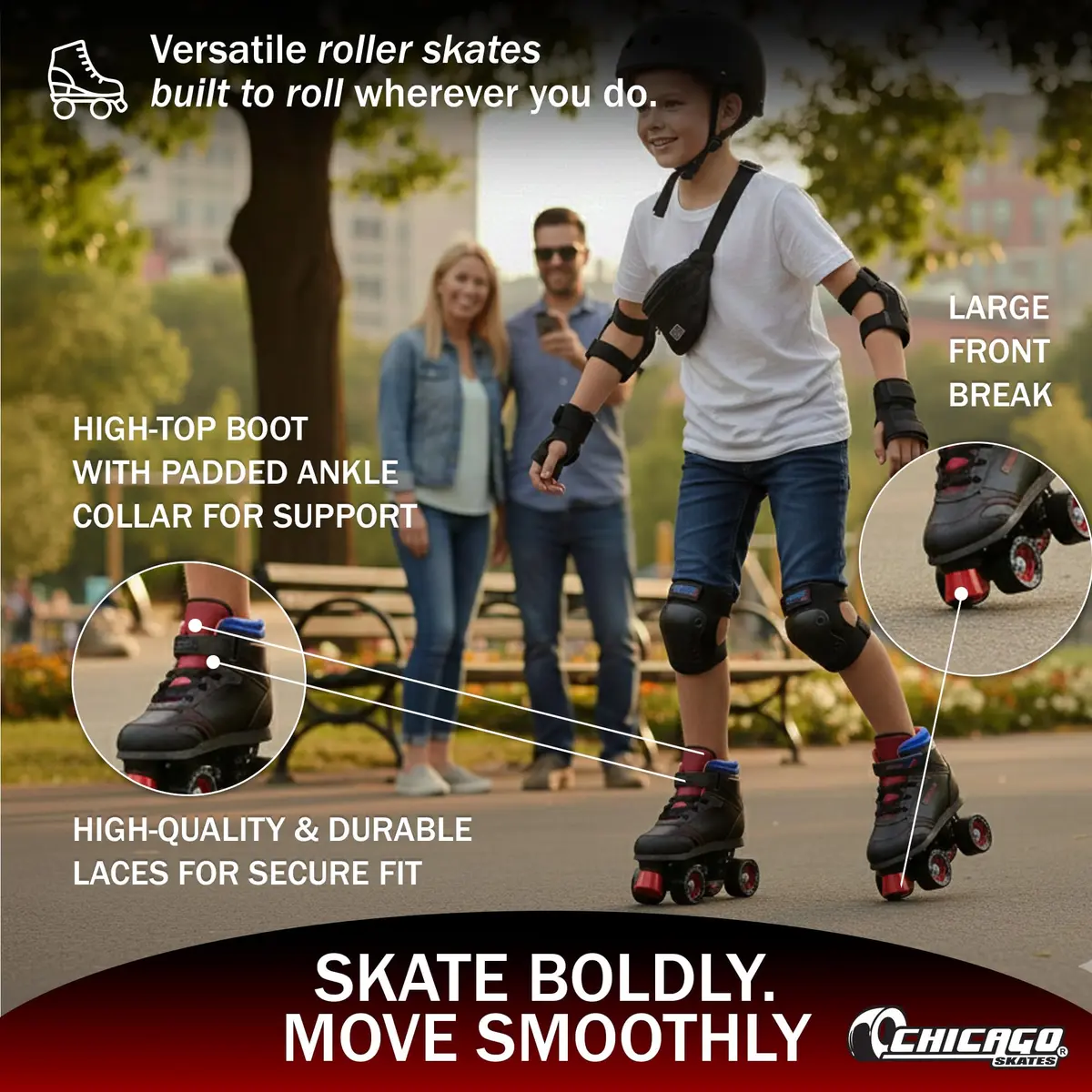 Chicago Skates Sidewalk Roller Skates – Durable, Top Performance Indoor/Outdoor Use Skate Shoes for Girls & Boys, High-Top Boot Safety Youth Quad Skates, 60mm PU Wheels, Adjustable Chassis & Trucks - view 4