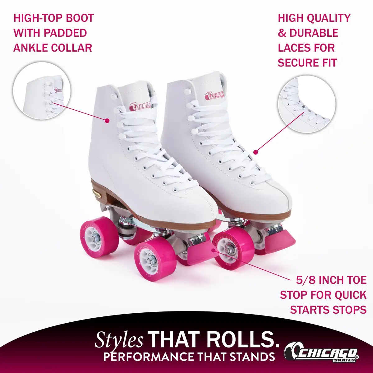 Chicago Skates Premium White Quad Roller Skates for Girls and Women Beginners | Classic Adjustable High-Top Design for Indoor or Outdoor Skates and Roller Derby - view 4