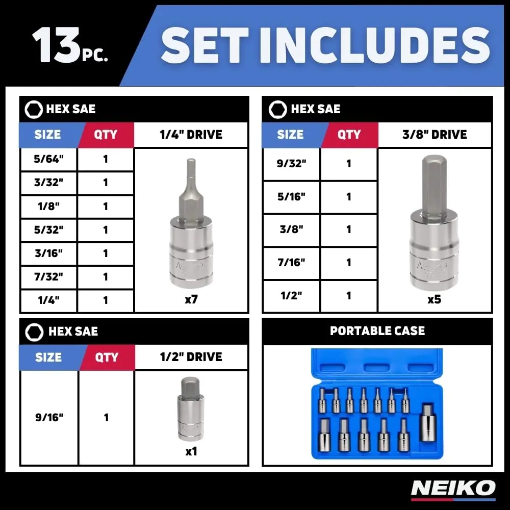 NEIKO 10075A SAE Hex Bit Socket Set | 13-Piece Set | 1/4", 3/8", 1/2" Drives - view 5
