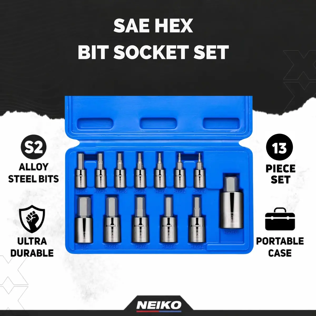 NEIKO 10075A SAE Hex Bit Socket Set | 13-Piece Set | 1/4", 3/8", 1/2" Drives - view 2