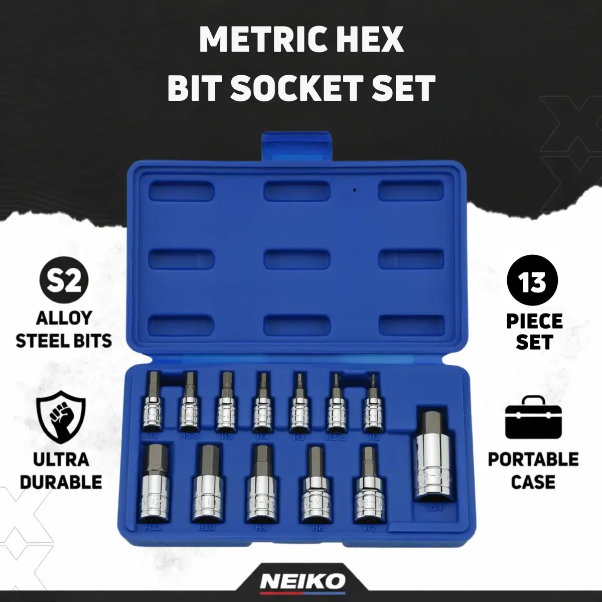 NEIKO Metric Hex Bit Socket Set | 13-Piece Set | 2mm-14mm | 1/4", 3/8", 1/2" Drive - view 2