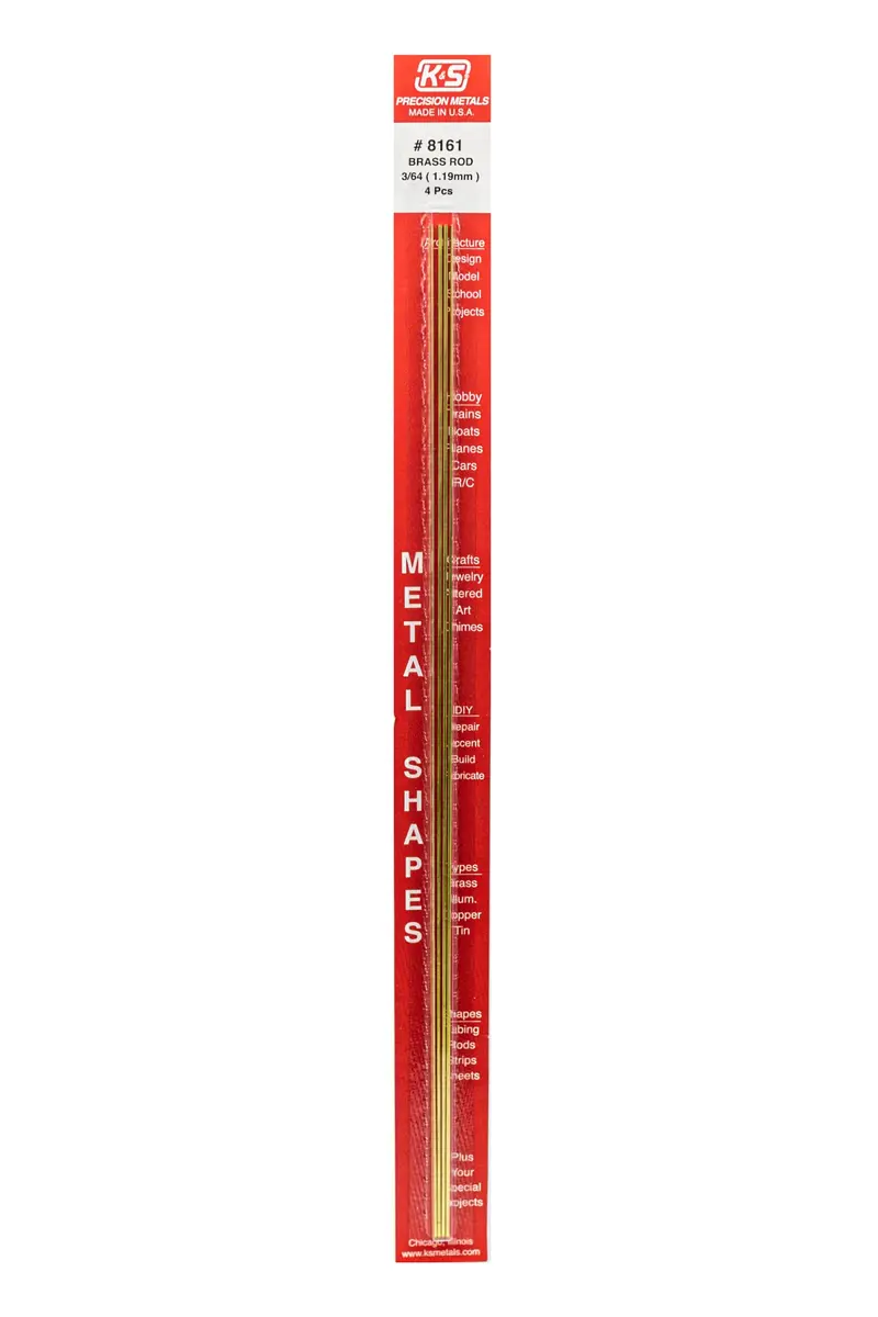 K & S Precision Metals Round Brass Rod 8161 – 1.19 mm (3/64") OD x 30.48 cm (12") Long – 4 Rods - main product image