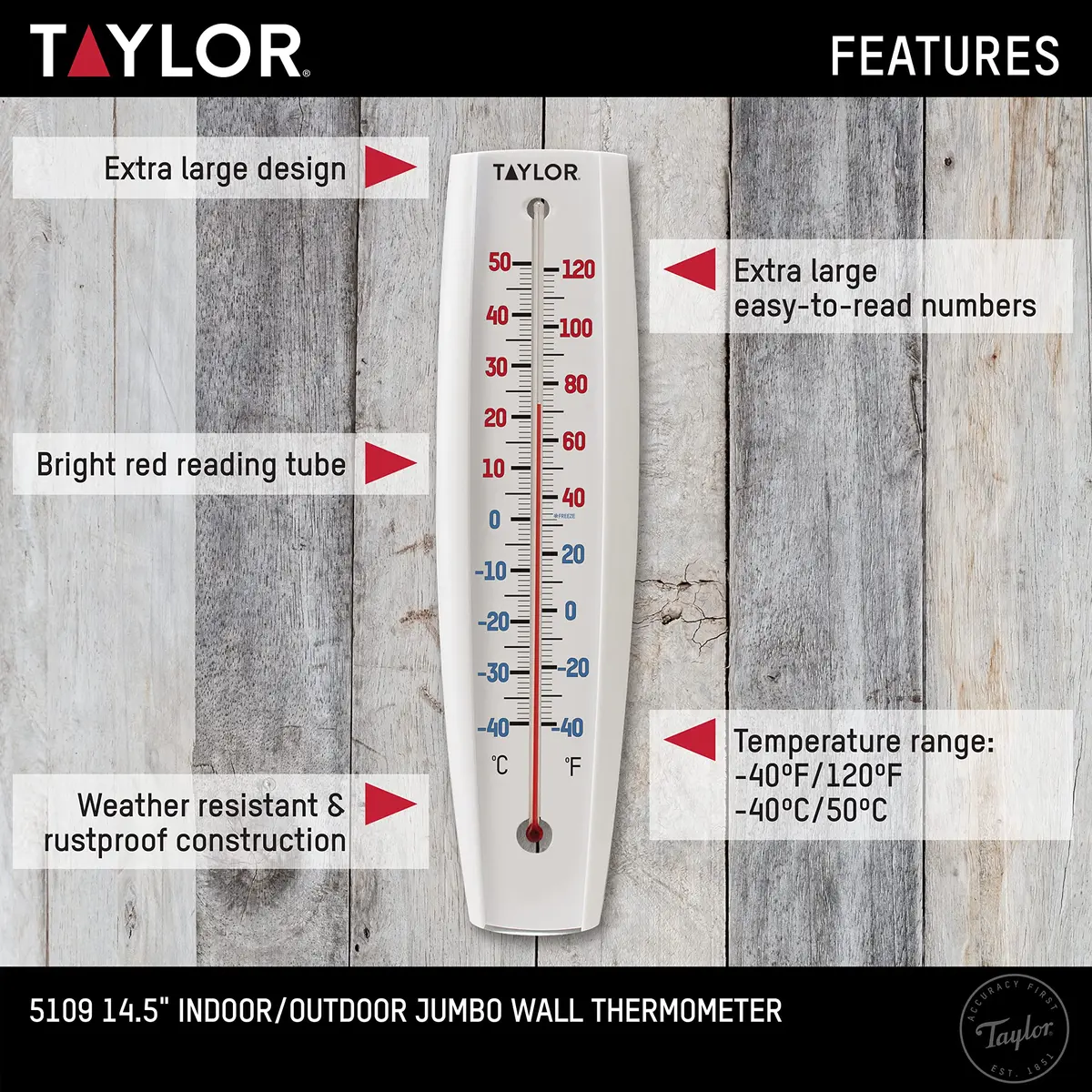 Taylor Jumbo Indoor Outdoor Thermometer 14.5-inch | Easy-to-Read Temperature Gauge for Home and Garden - view 3