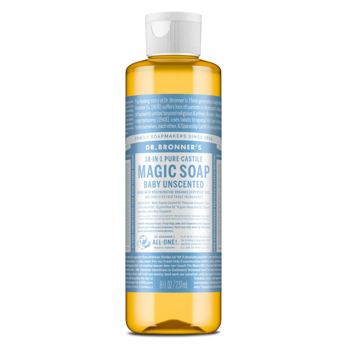 Dr. Bronner's Pure-Castile Liquid Soap Baby Unscented 237ml (8 Fl Oz) | Gentle Vegan Formula for Sensitive Skin - main product image