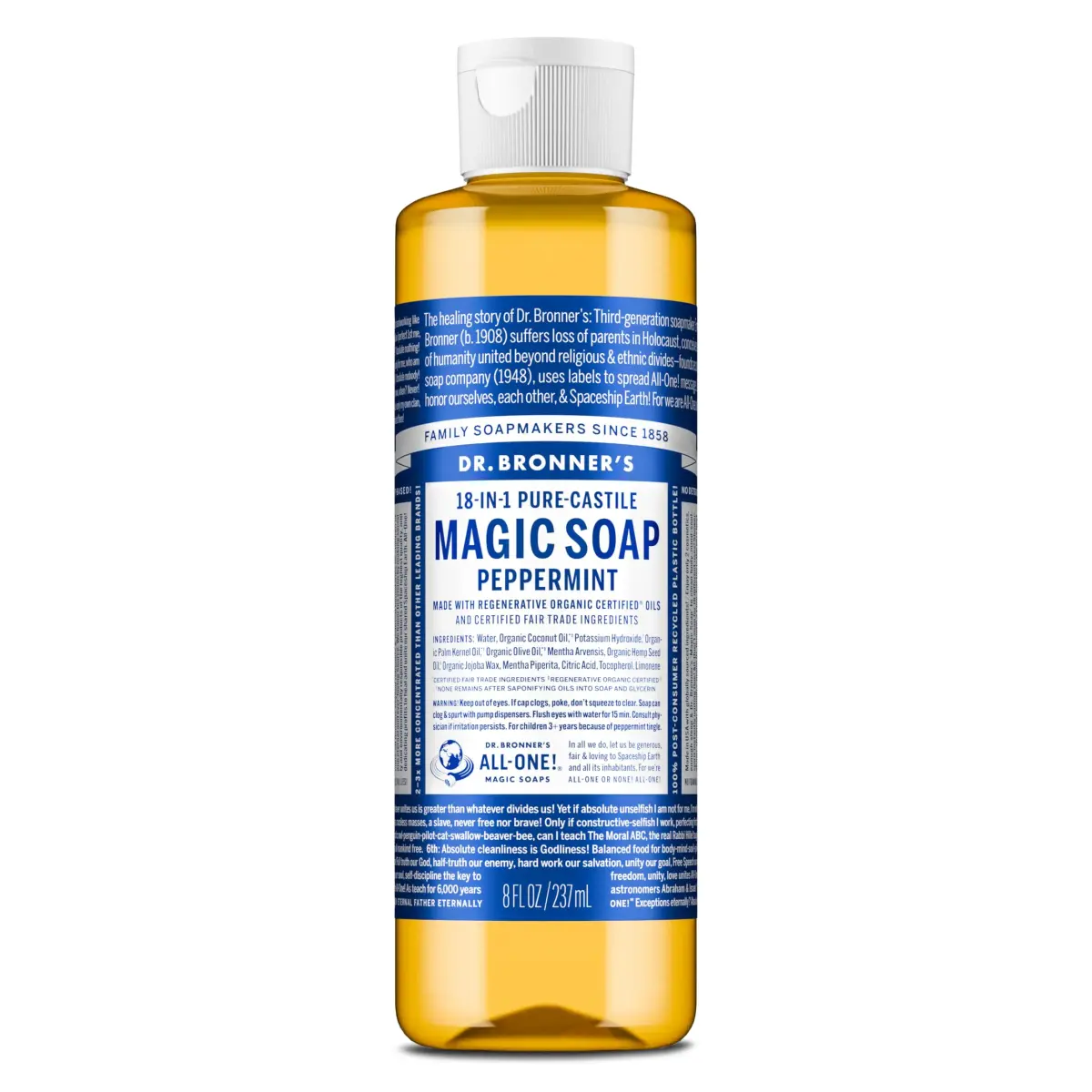 Dr. Bronner's Peppermint Pure-Castile Liquid Soap 237ml (8 Fl Oz) | Gentle Multi-Use Body Wash & Cleanser - main product image
