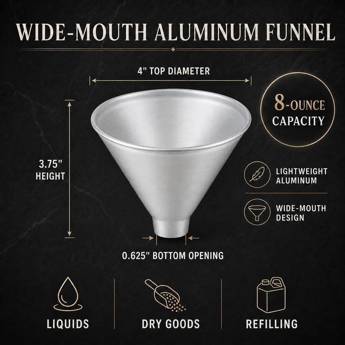 HIC Kitchen Wide-Mouth Aluminum Funnel for Liquids & Dry Goods, 8-Ounce | Durable, Lightweight & Rust-Free - view 6