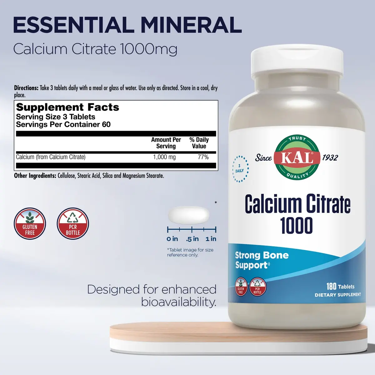 KAL Calcium Citrate 1000mg Mineral Supplement Tablets 180 Count | Bone Health Support - view 2