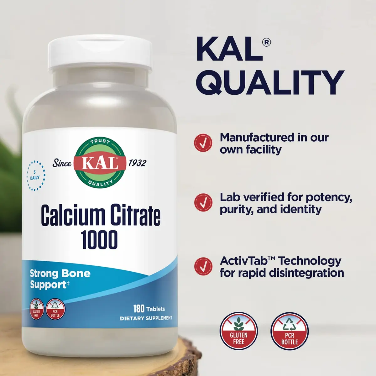 KAL Calcium Citrate 1000mg Mineral Supplement Tablets 180 Count | Bone Health Support - view 4