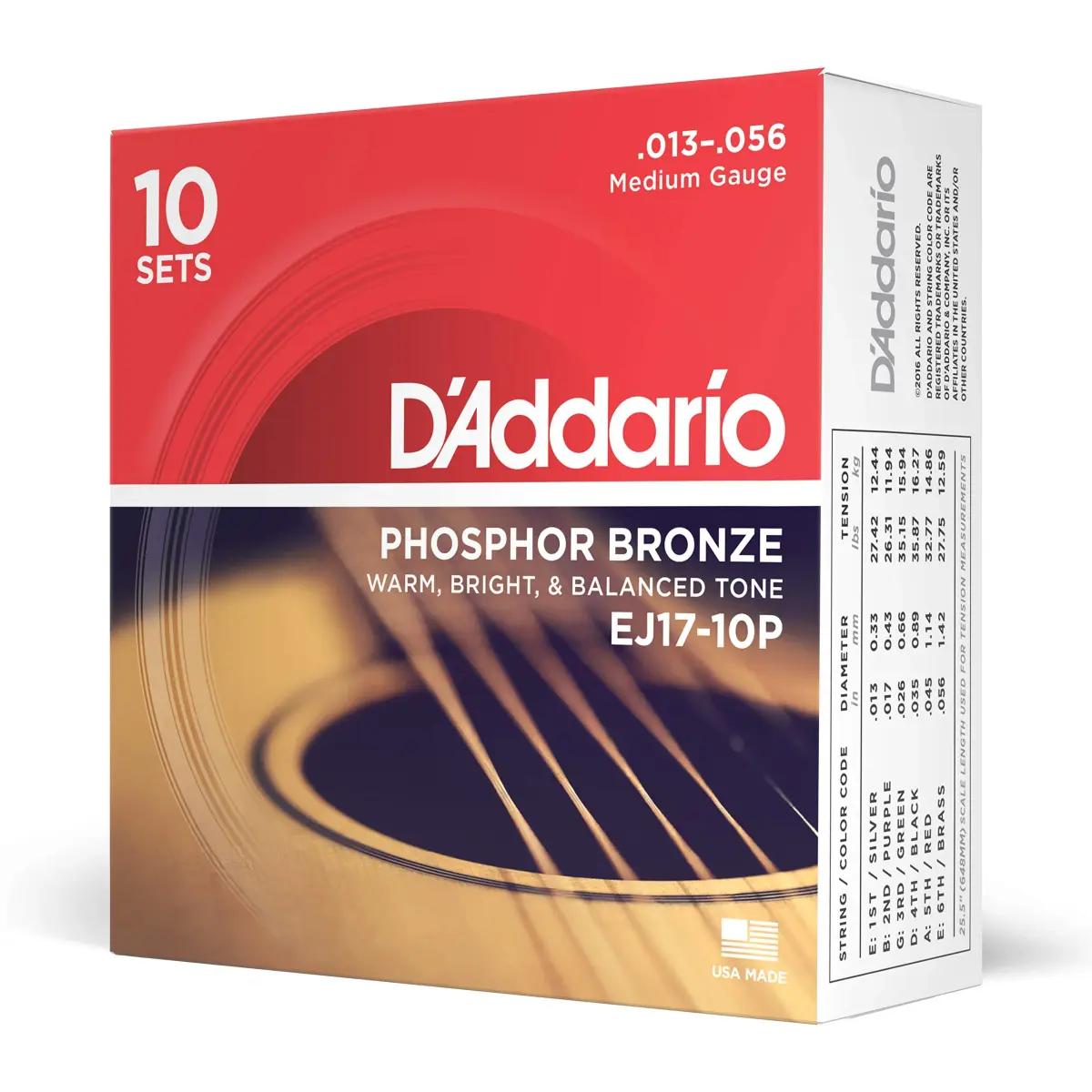 D'Addario EJ17-10P Phosphor Bronze Acoustic Guitar Strings 13-56, 10 Sets | Medium Gauge for Maximum Volume - main product image