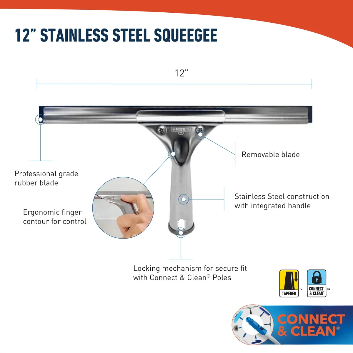 Unger Professional Stainless Steel Heavy-Duty Squeegee 30.48cm (12") | Streak-Free Window Cleaning - view 3