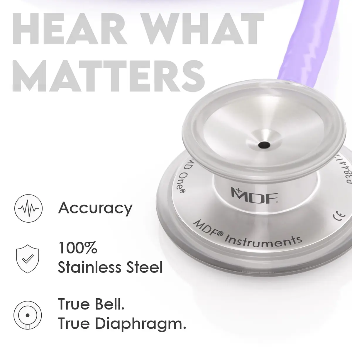 MDF Instruments MD One Stainless Steel Adult Stethoscope | Dual Head, Pastel Purple Tube, Silver Chestpieces - view 5