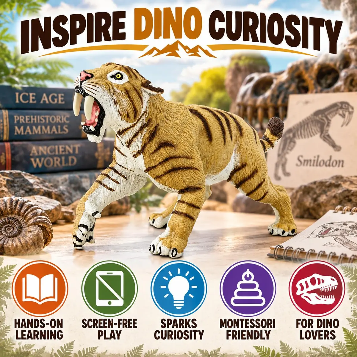 Safari Ltd. Smilodon Figurine - 4" Sabre-Toothed Tiger Educational Toy for Kids 3+ | Realistic Dinosaur Model - view 6