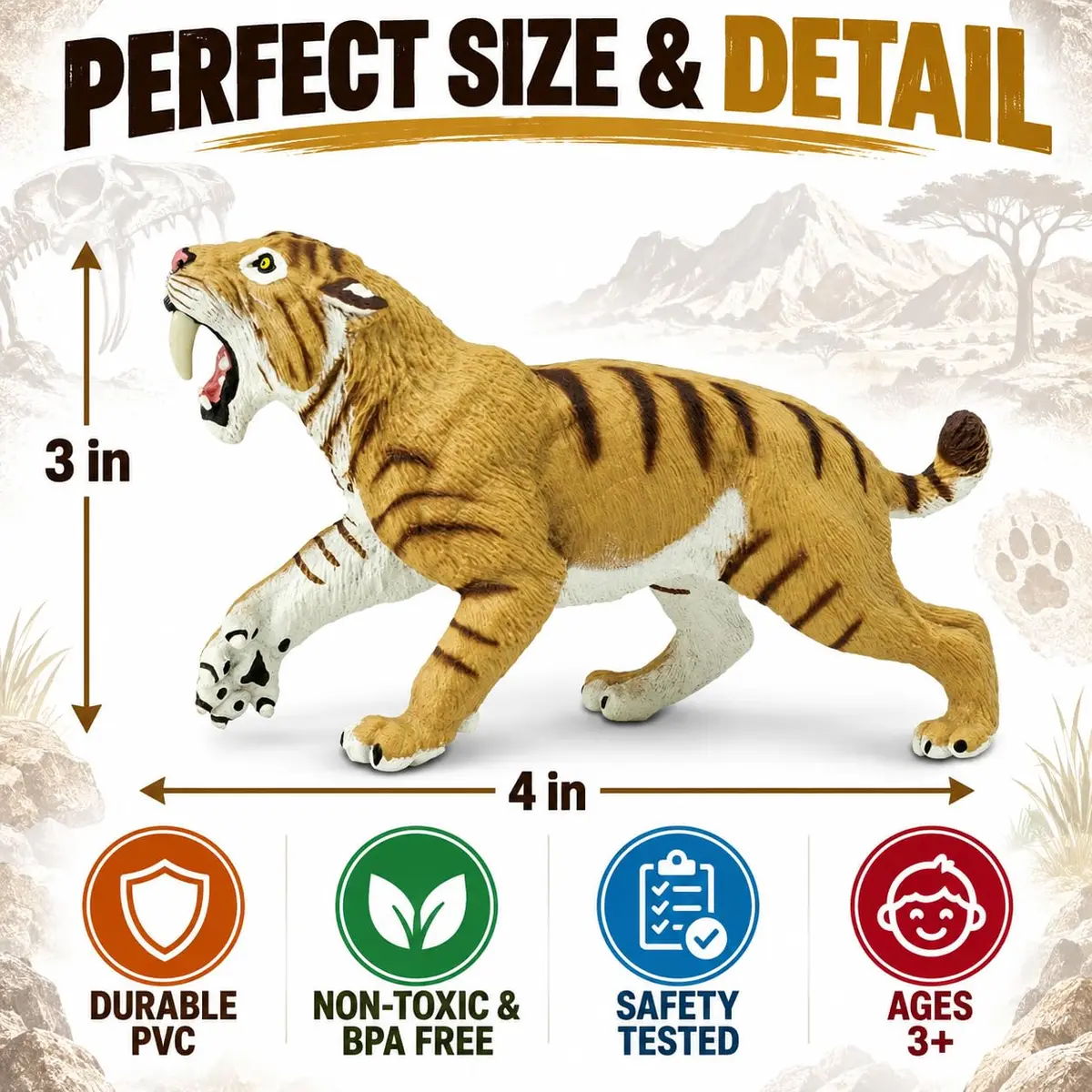 Safari Ltd. Smilodon Figurine - 4" Sabre-Toothed Tiger Educational Toy for Kids 3+ | Realistic Dinosaur Model - view 3