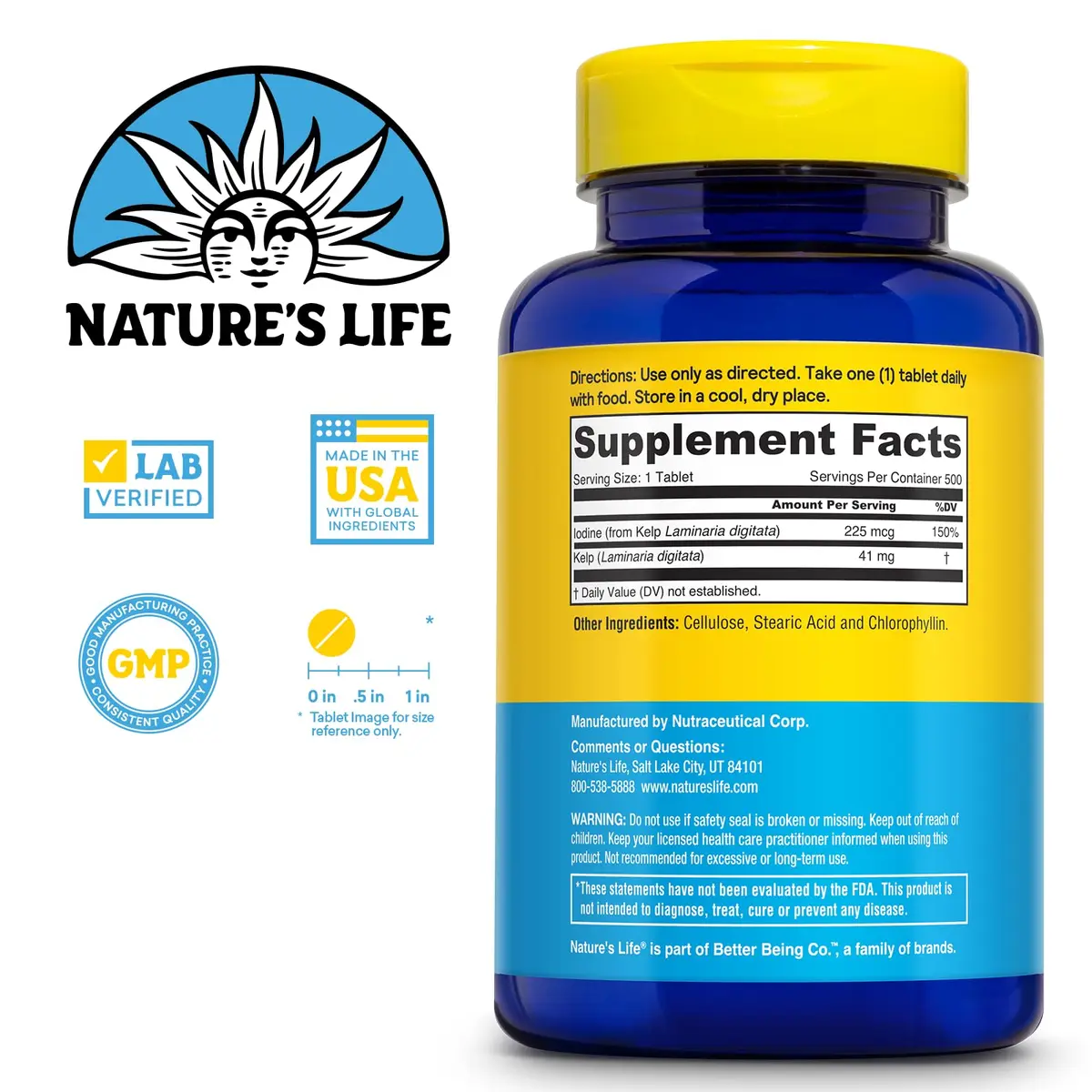 Nature's Life Icelandic Kelp 41 mg | Iodine Tablets for Thyroid Support, 500 Servings (225 mcg Iodine) (70-120c) - view 2