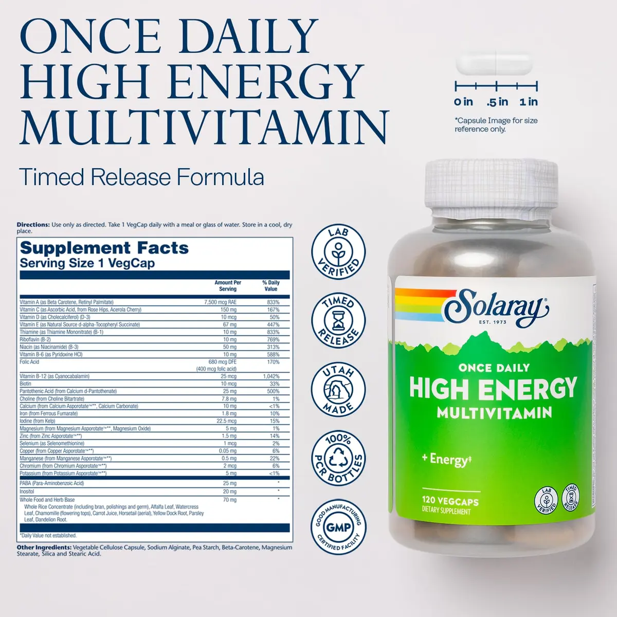 SOLARAY Once Daily High Energy Multivitamin 120 VegCaps | Timed Release for Immunity & Energy - view 2