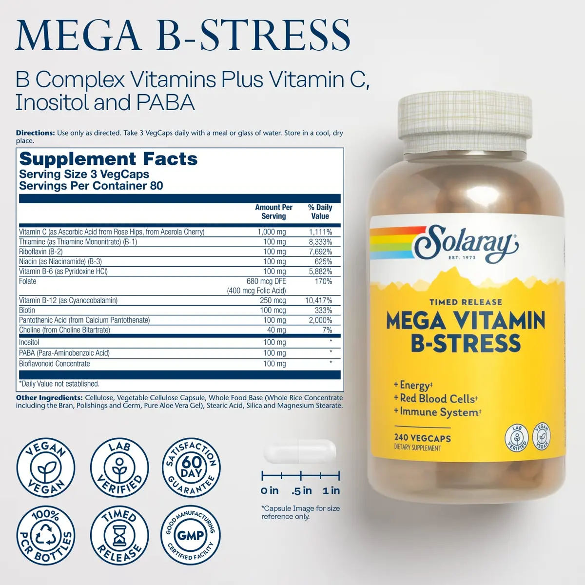 SOLARAY Mega Vitamin B-Stress Time Release, 240 VegCaps | Supports Stress & Energy, Vegan - view 2