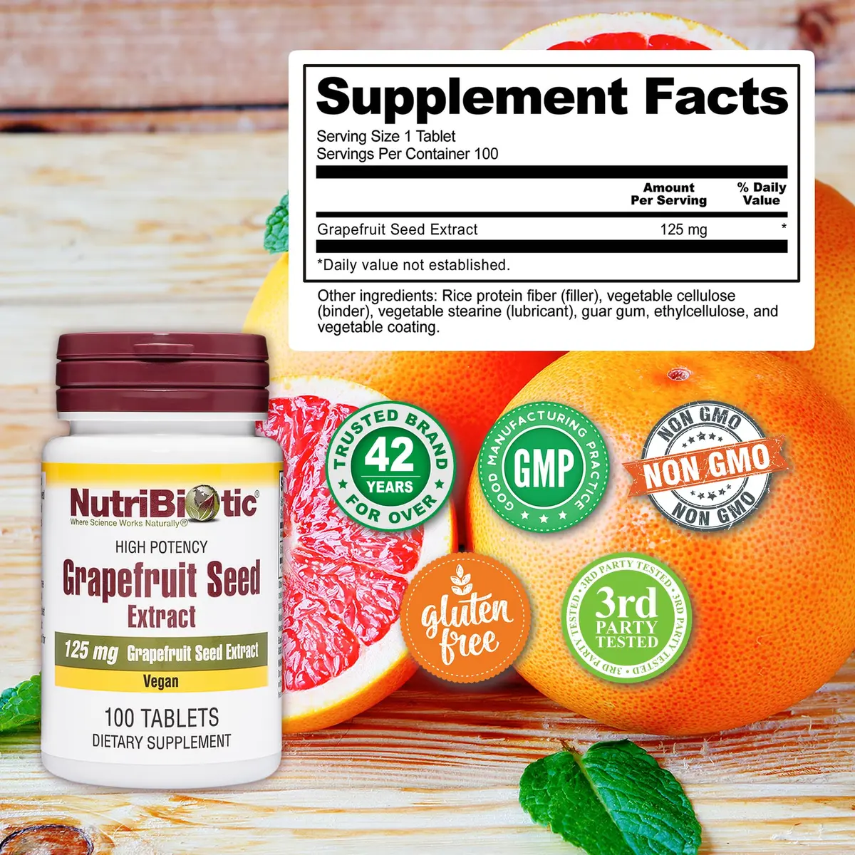 NutriBiotic Grapefruit Seed Extract Tablets 125mg | Vegan, Gluten Free, Non-GMO | 100 Count | Premium Grade GSE with Bioflavonoids - view 3