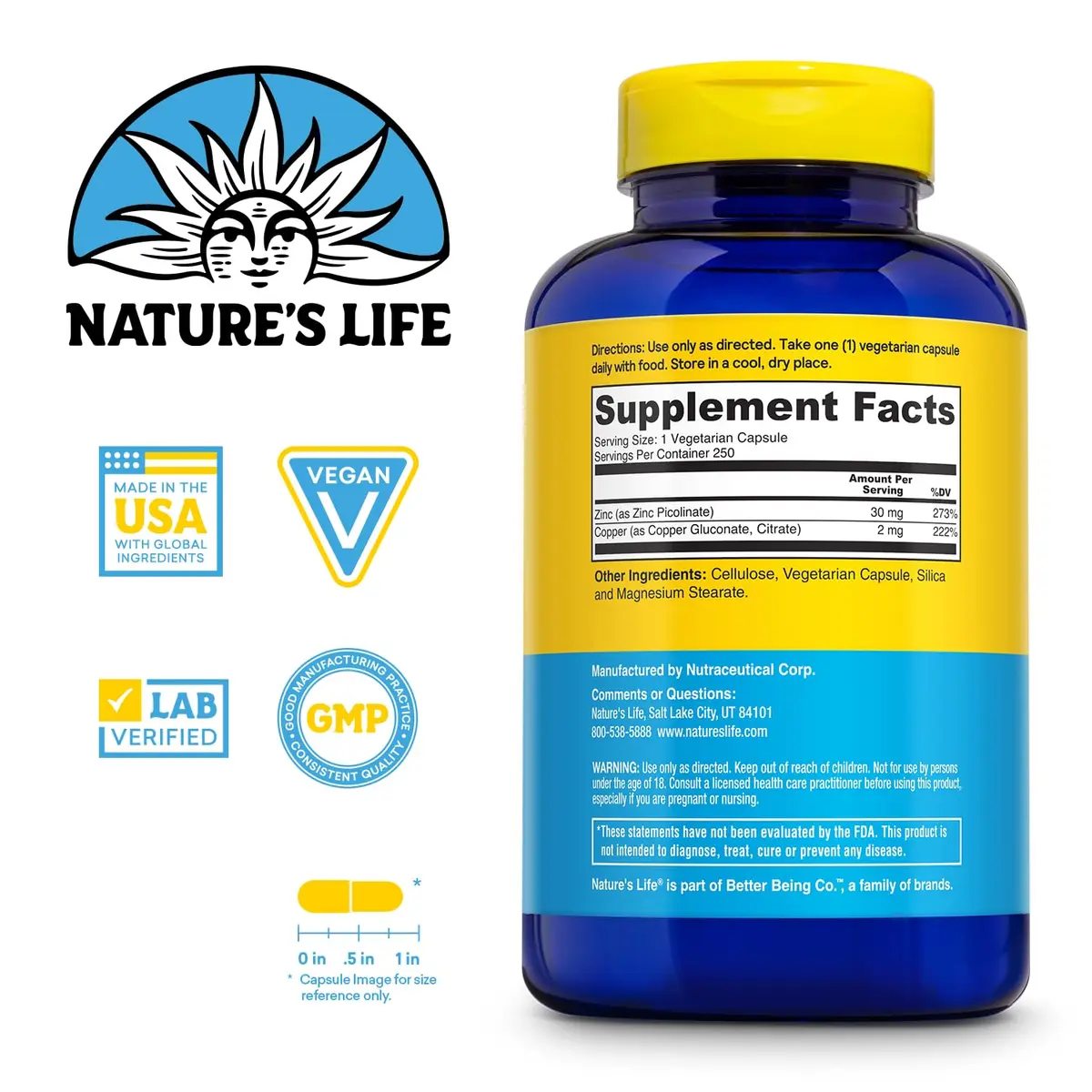 Nature's Life Zinc Picolinate 30 mg with Copper | 250 Capsules for Immune & Skin Support - view 2