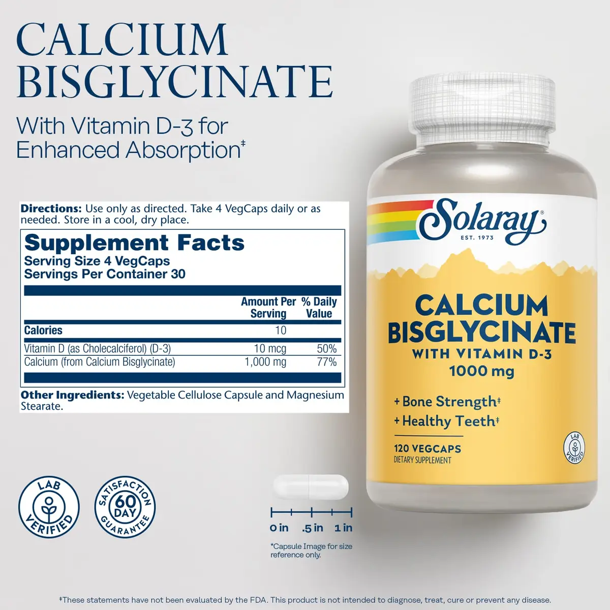 SOLARAY Calcium Bisglycinate Supplement 1000mg 120 Veg Caps | Bone & Teeth Support, Enhanced Absorption - view 2