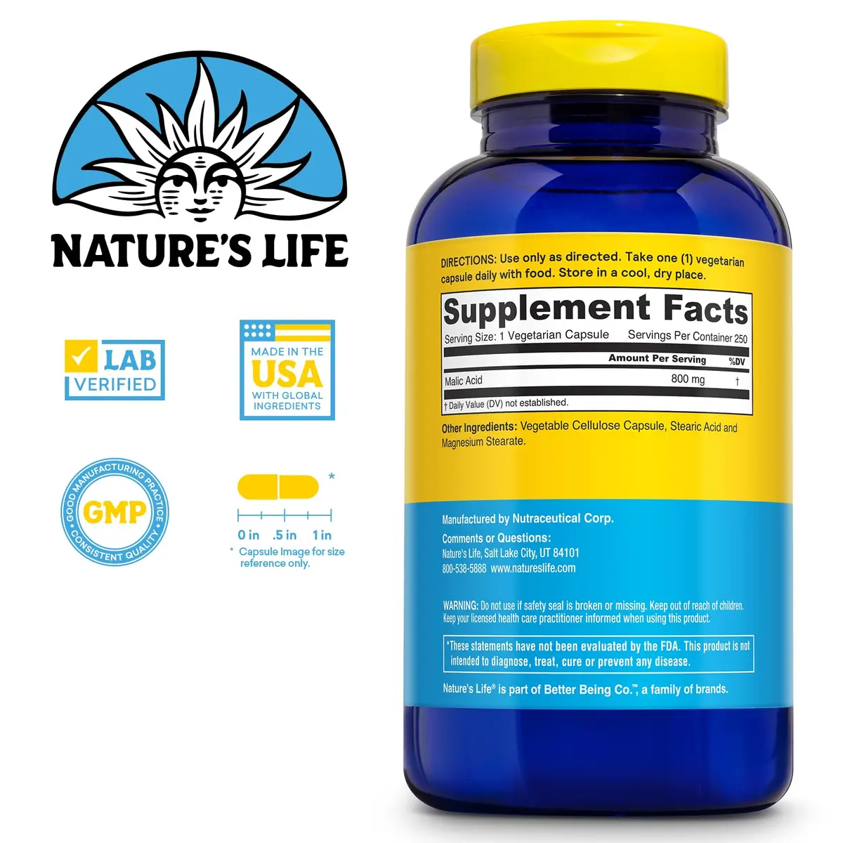 Nature's Life Malic Acid 800 mg | Chelating Agent for Energy & Muscle Comfort | 250 Vegetarian Capsules - view 2