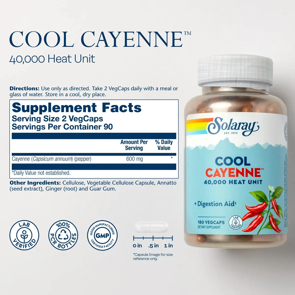 SOLARAY Cool Cayenne Pepper 40,000 HU | Digestion & Circulation Support, Lab Verified, 180 VegCaps - view 2