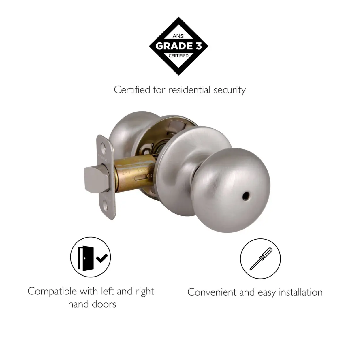 Design House Cambridge Privacy Door Knob, Satin Nickel | ANSI Grade-3 Certified Residential Security - view 3