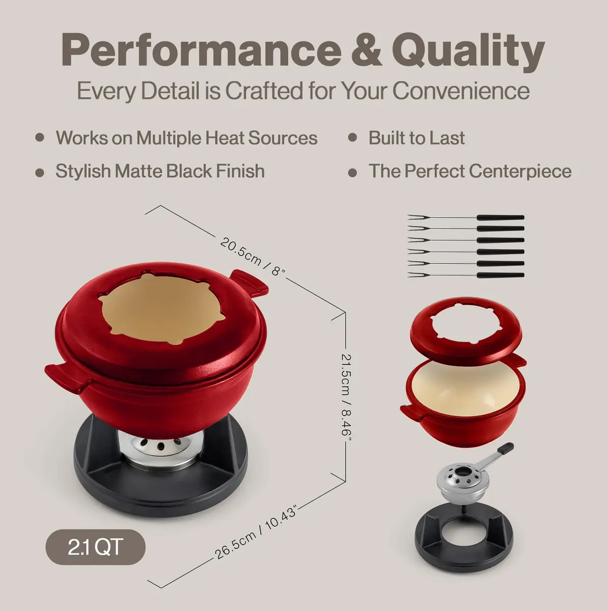 Swissmar Lucerne Cast Iron Fondue Set, 10-Piece, 2 Liter, Red | Versatile, Even Heating & All Heat Source Compatibility - view 5