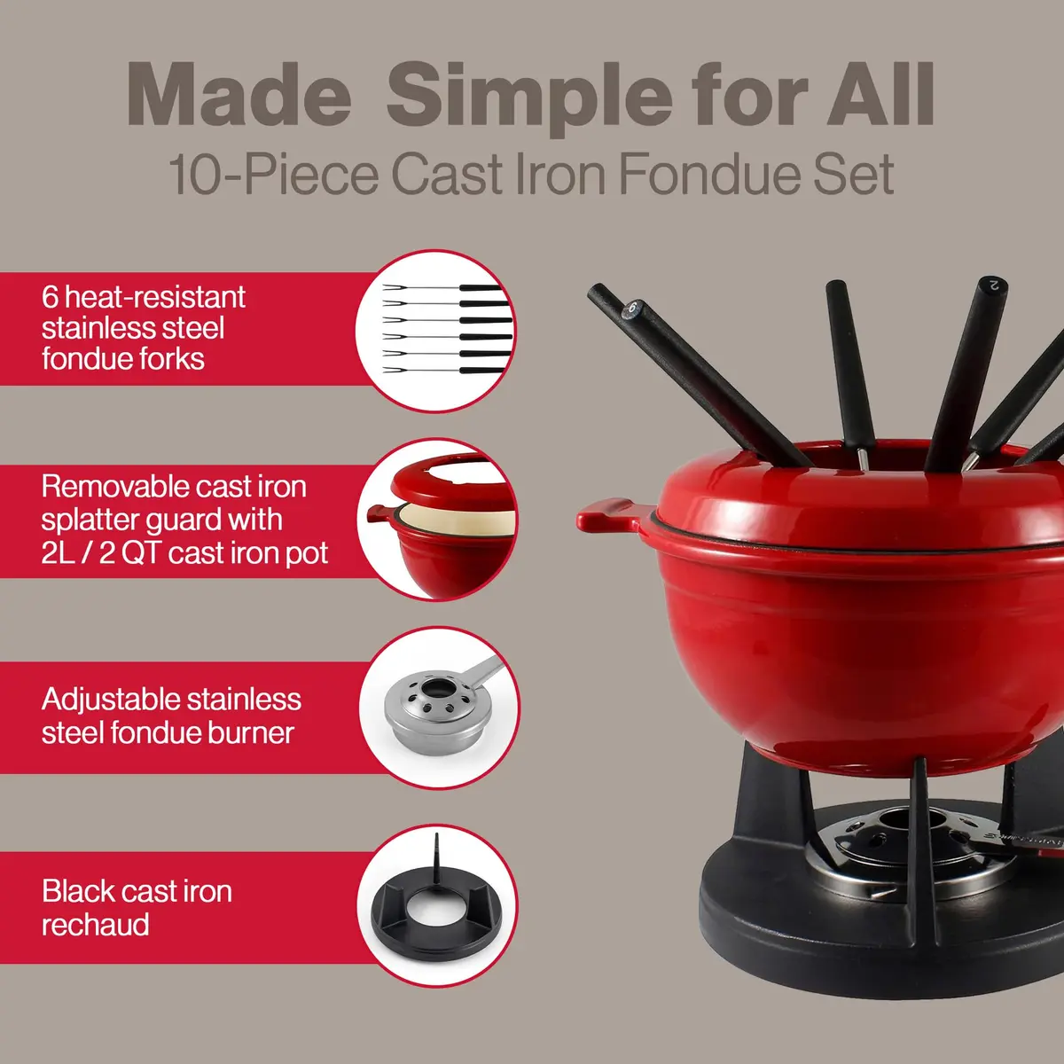 Swissmar Lucerne Cast Iron Fondue Set, 10-Piece, 2 Liter, Red | Versatile, Even Heating & All Heat Source Compatibility - view 6