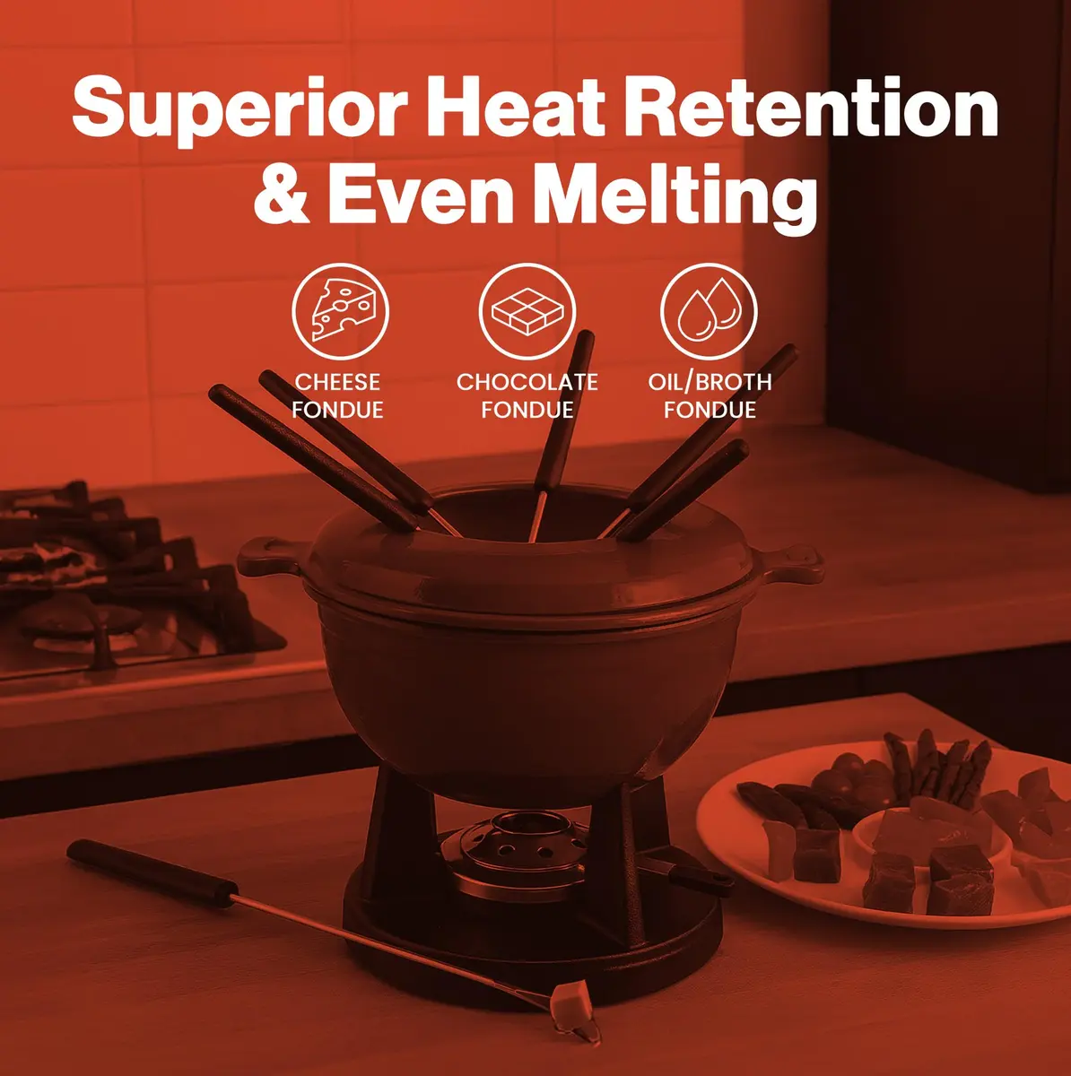 Swissmar Lucerne Cast Iron Fondue Set, 10-Piece, 2 Liter, Red | Versatile, Even Heating & All Heat Source Compatibility - view 3