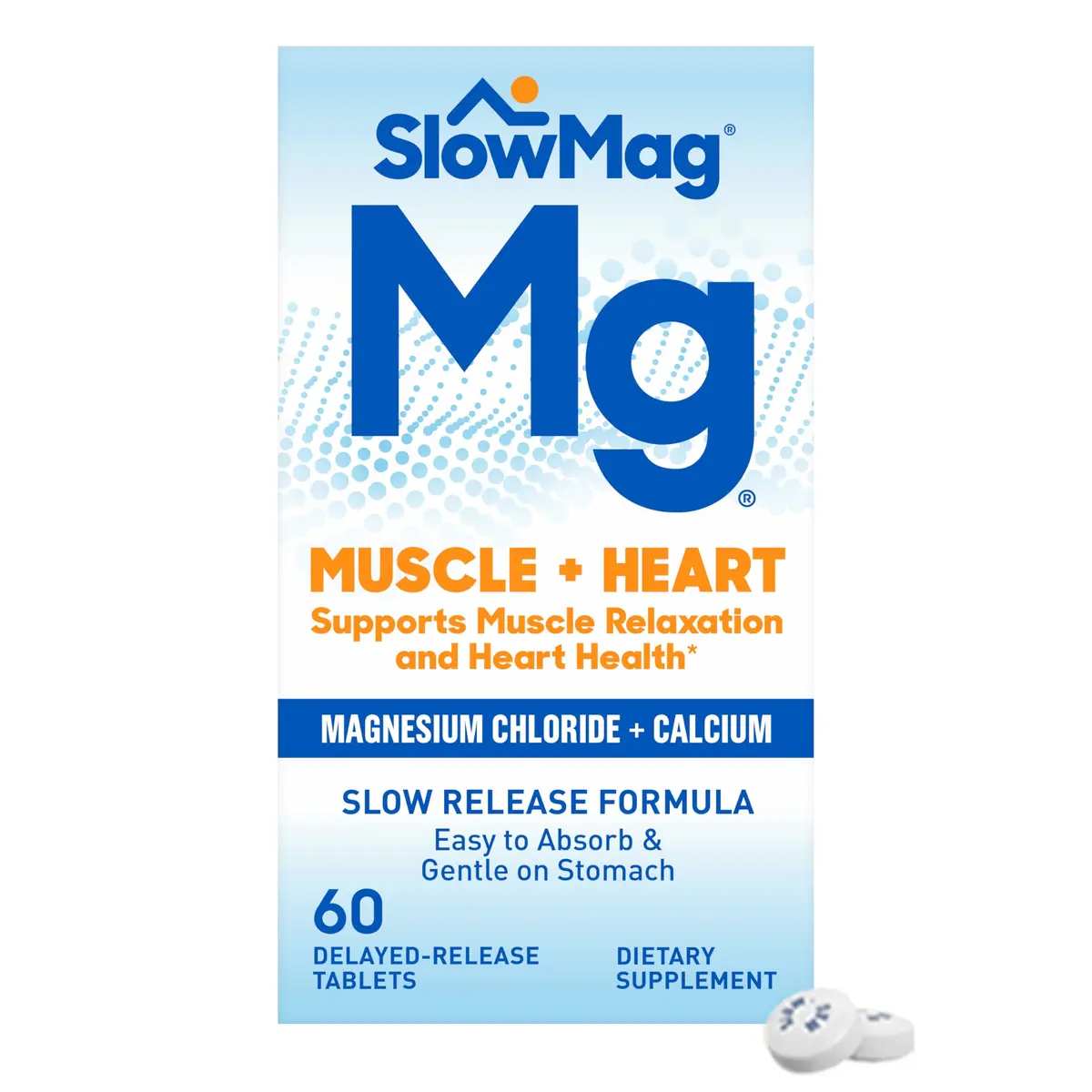 SlowMag Muscle + Heart Magnesium Chloride with Calcium Supplement to Support Muscle Relaxation, Occasional Muscle Cramping & Heart Health, High Absorption, 60 Count - main product image