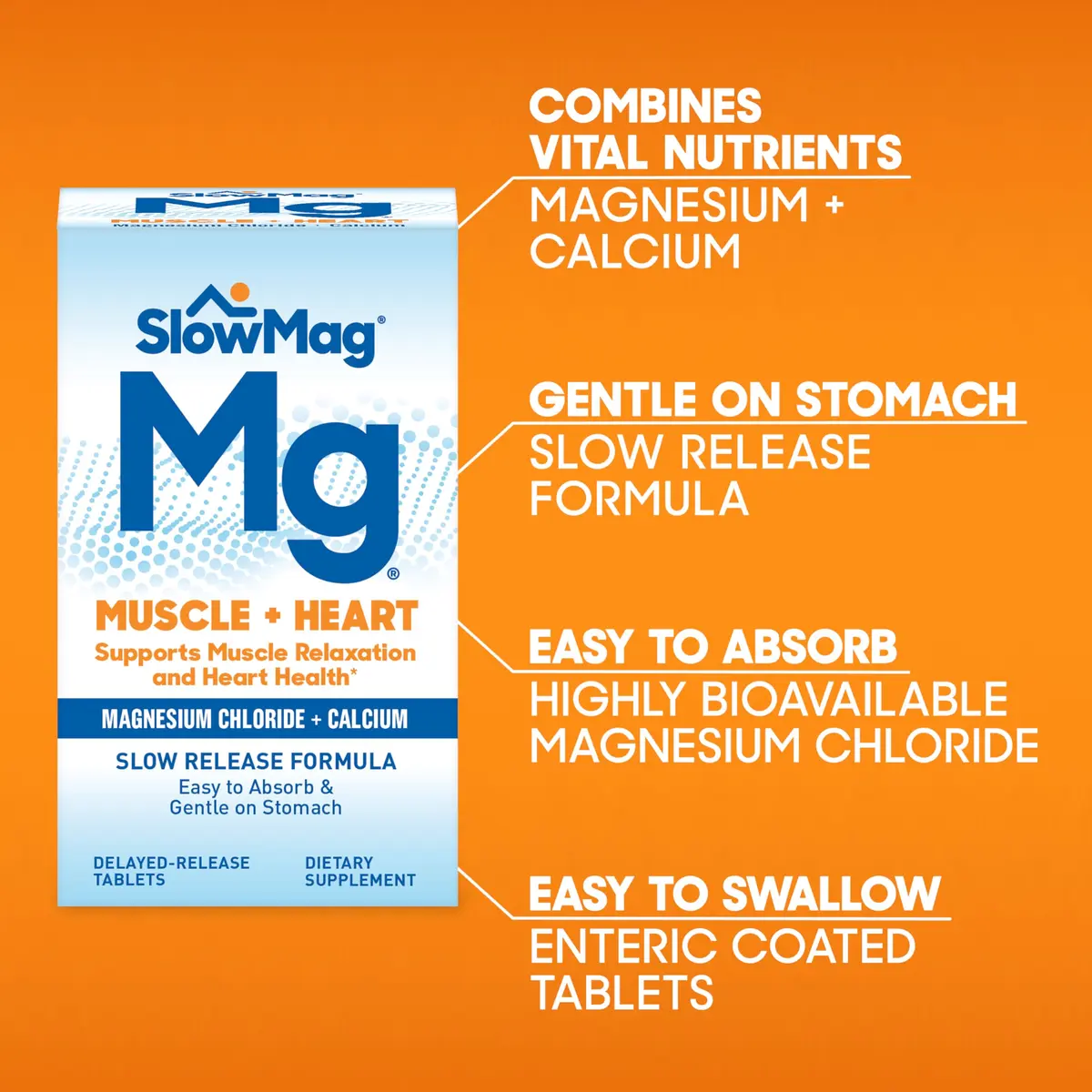 SlowMag Muscle + Heart Magnesium Chloride with Calcium Supplement to Support Muscle Relaxation, Occasional Muscle Cramping & Heart Health, High Absorption, 60 Count - view 5