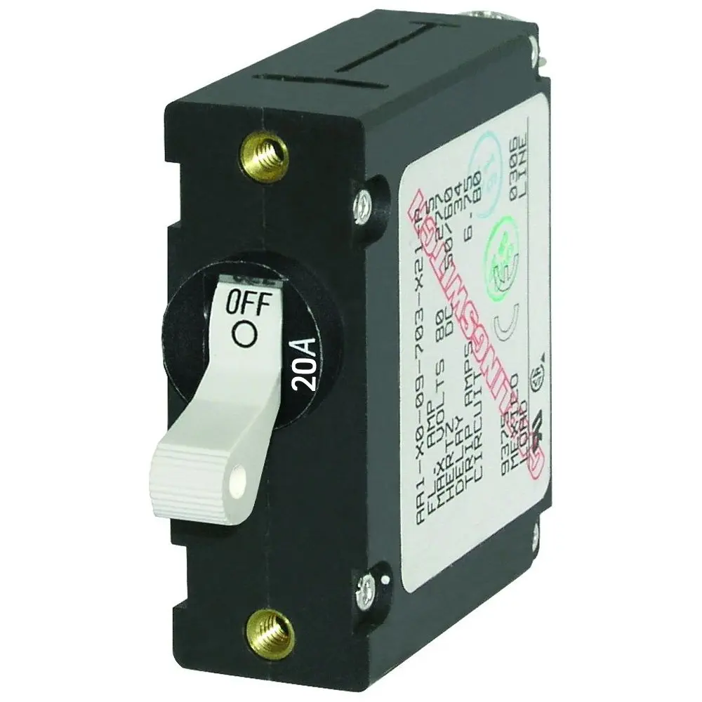 Blue Sea Systems 7214 A-Series White Toggle Circuit Breaker - Single Pole, 20A | Combines switching & protection - main product image