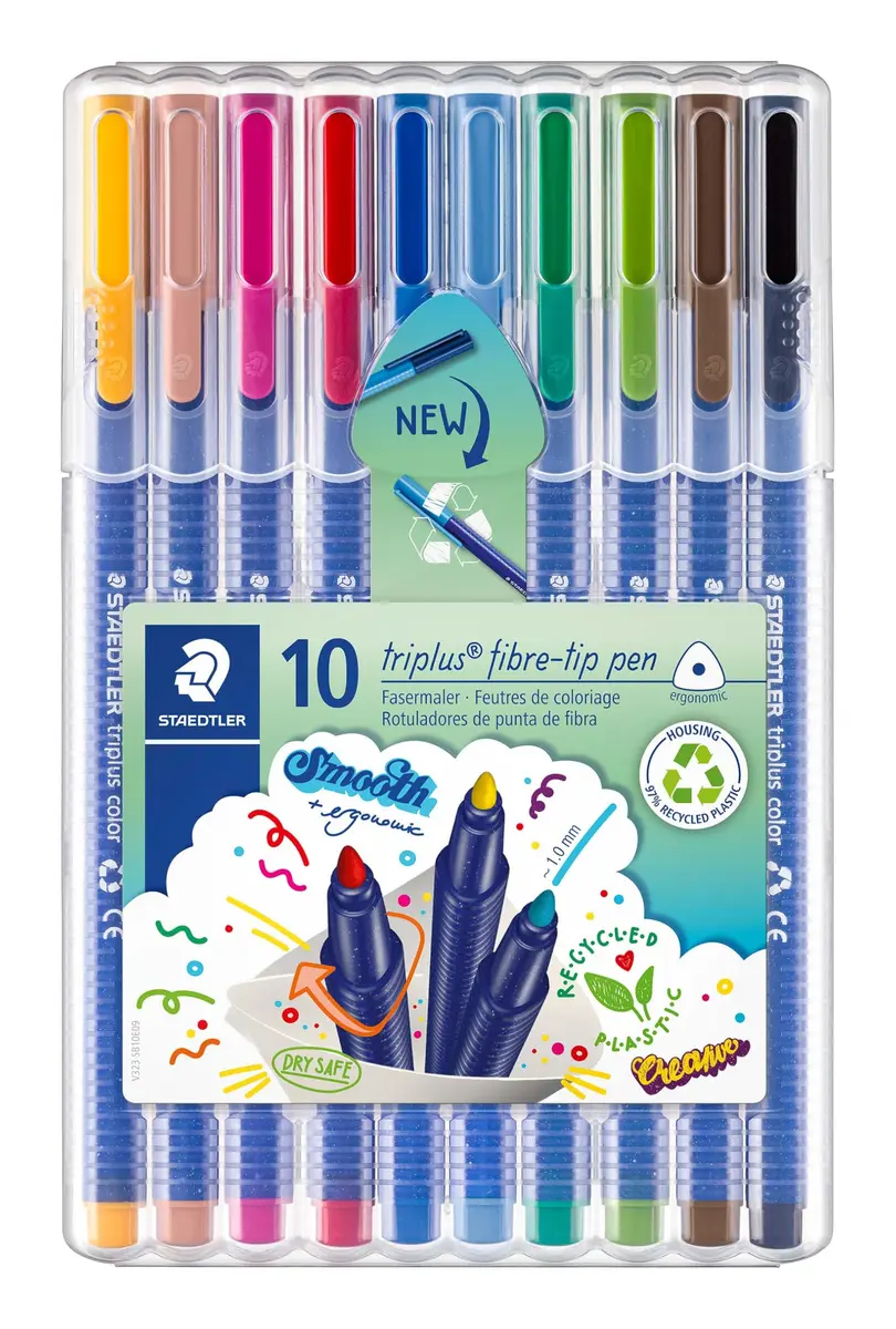 STAEDTLER Triplus Colour Fibre-Tip Pens 10 Pack | Assorted Colours, 1 mm Linewidth, Ergonomic Triangular Shape - main product image