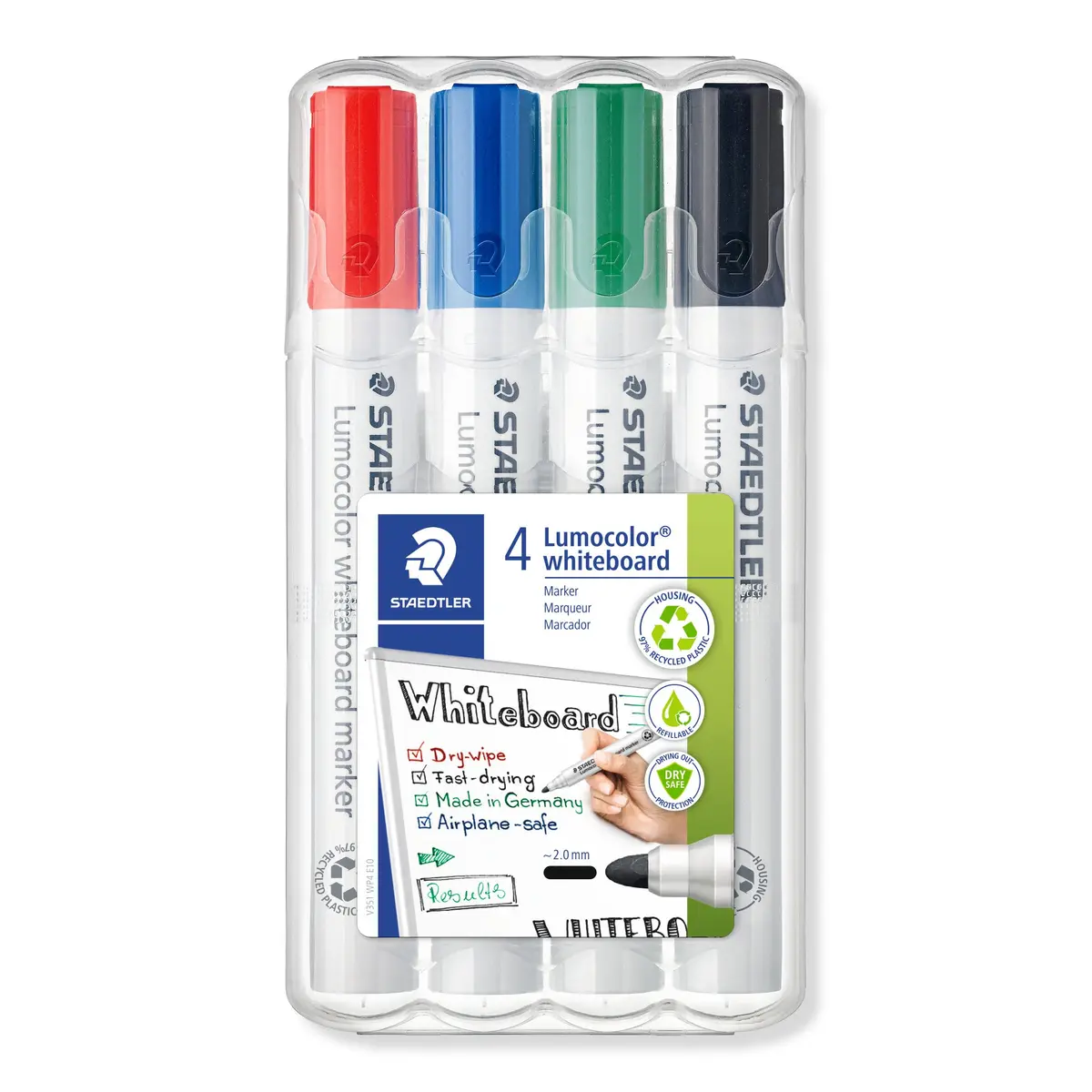 STAEDTLER Lumocolor Whiteboard Marker, Wide Bullet Tip, Box of 4 Assorted Colors (Red, Blue, Green, Black) | Refillable, Fast-Drying, 2.0mm Linewidth - main product image