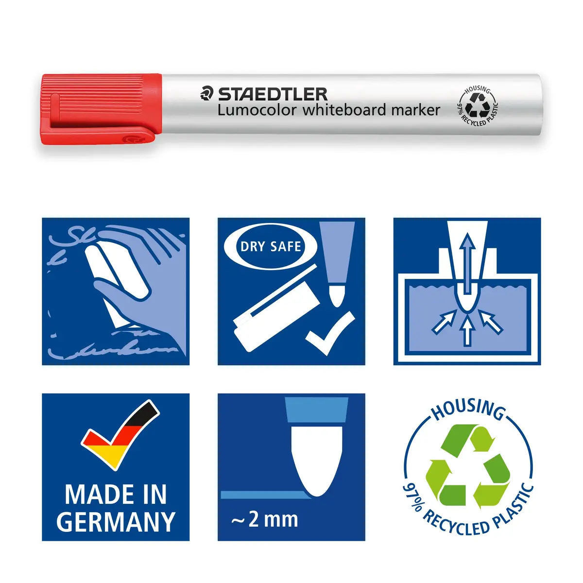 STAEDTLER Lumocolor Whiteboard Marker, Wide Bullet Tip, Box of 4 Assorted Colors (Red, Blue, Green, Black) | Refillable, Fast-Drying, 2.0mm Linewidth - view 7