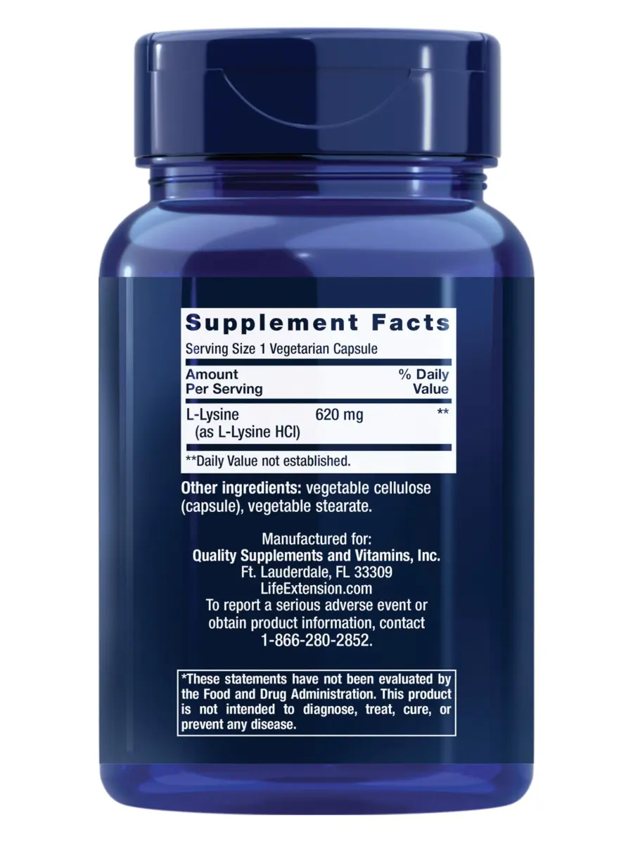 Life Extension L-Lysine 620 mg Vegetarian Capsules | Essential Amino Acid for Healthy Nitrogen Balance, Calcium Metabolism & Stress Response - view 2
