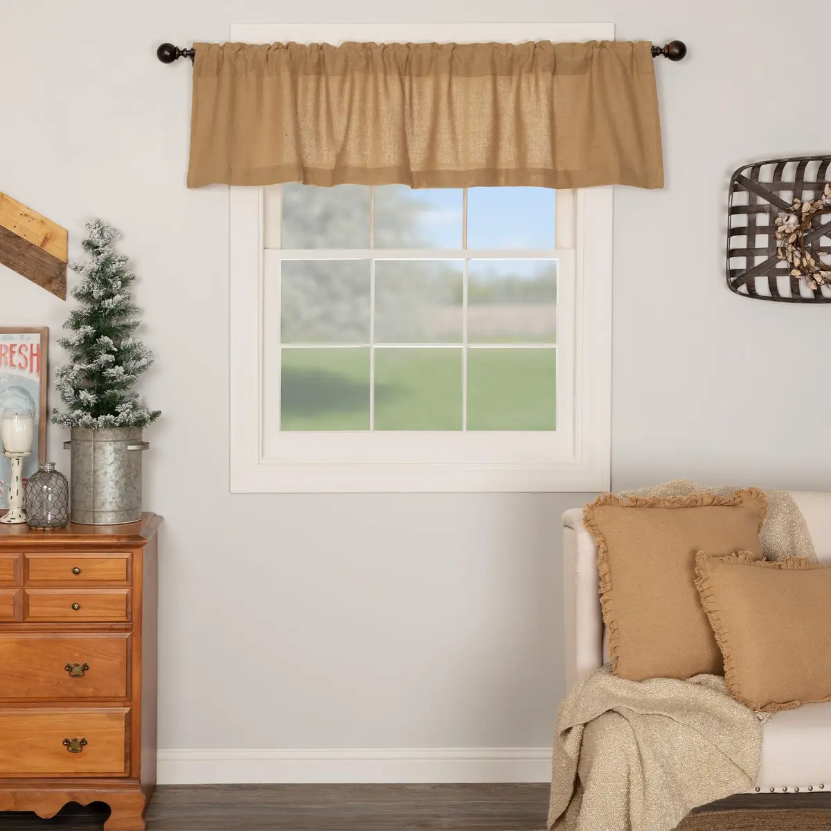 VHC Brands Burlap Natural Window Valance, Tan, 16x72 | Rustic Farmhouse Charm with Easy Care - main product image