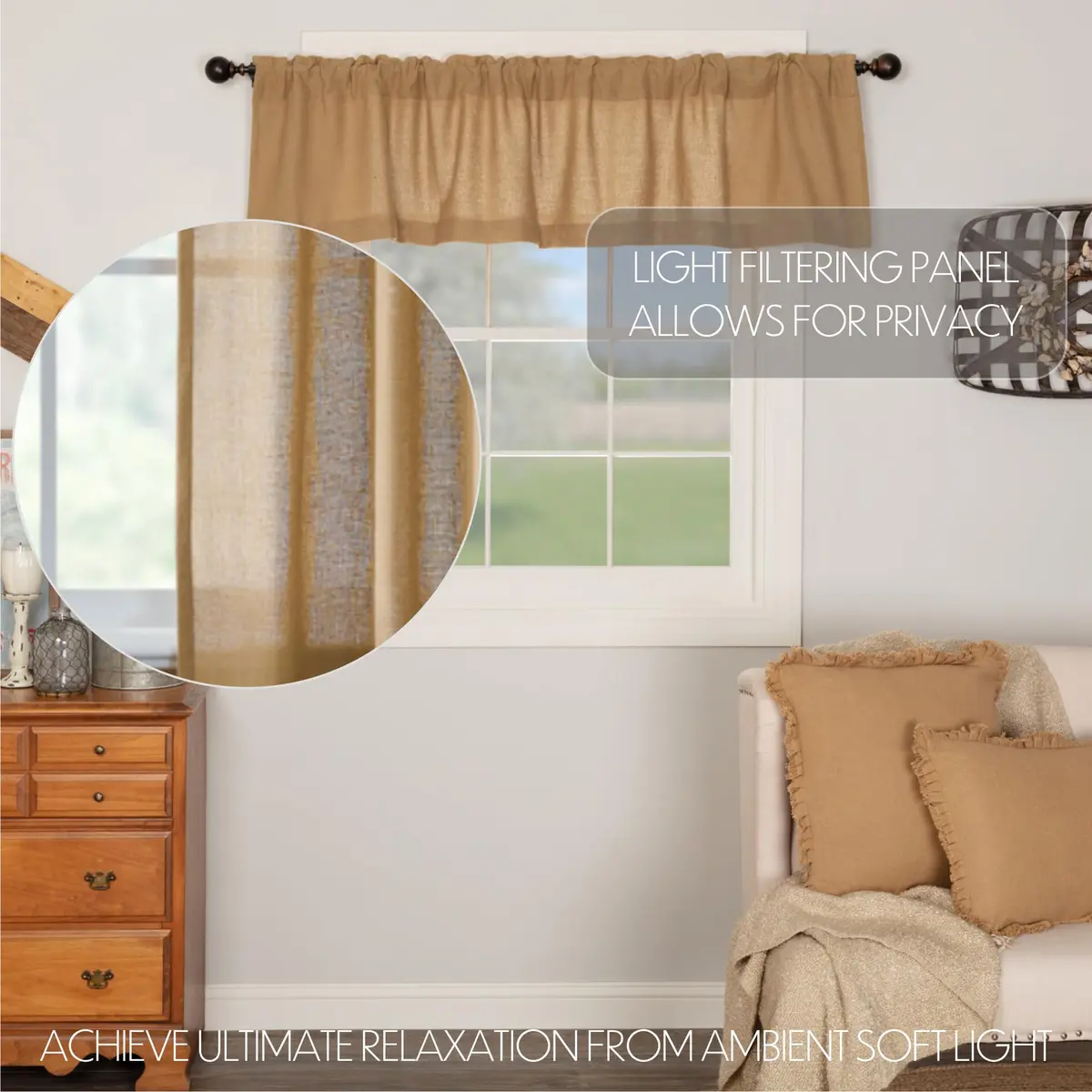 VHC Brands Burlap Natural Window Valance, Tan, 16x72 | Rustic Farmhouse Charm with Easy Care - view 3
